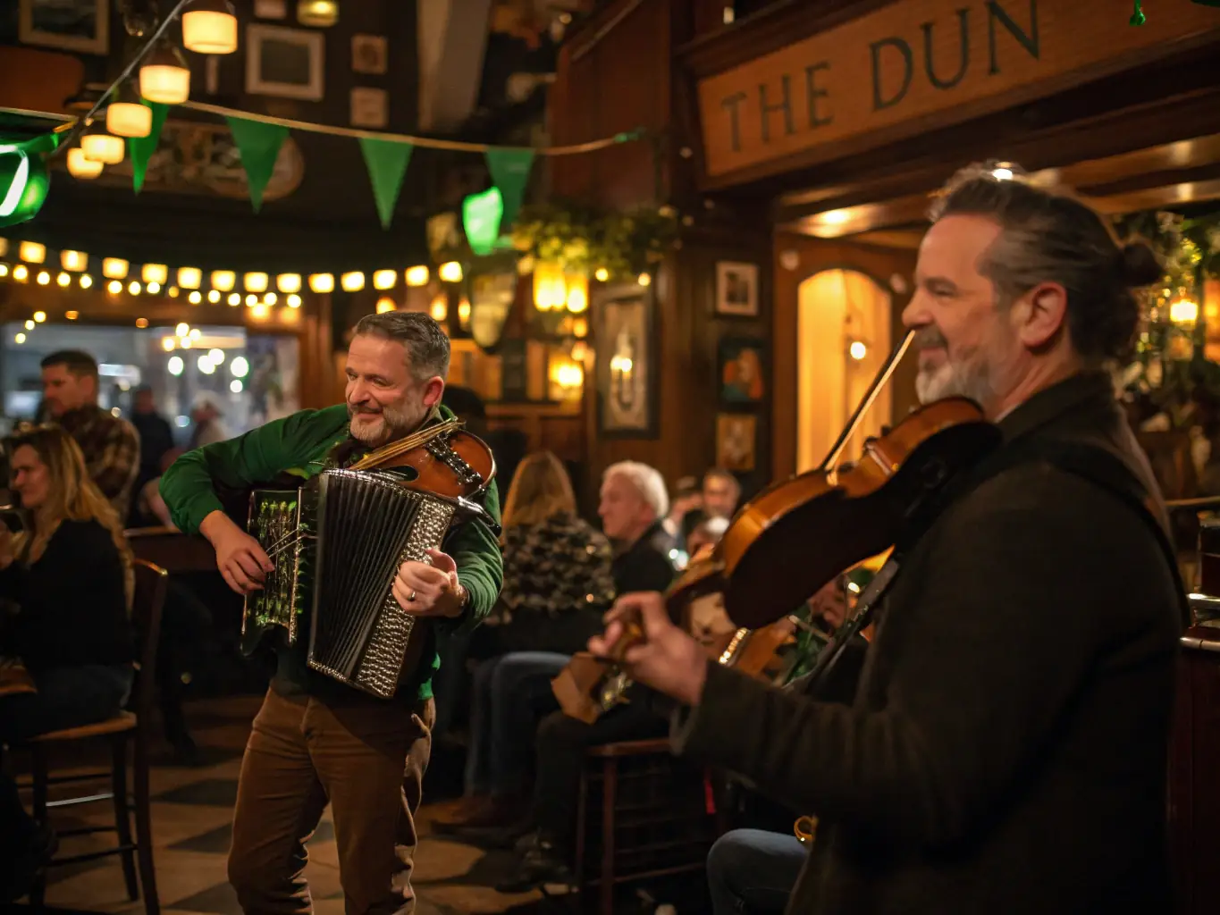 A lively scene inside Celtic Inn during a live music performance, featuring a band playing traditional Irish music and patrons enjoying the show with drinks in hand.