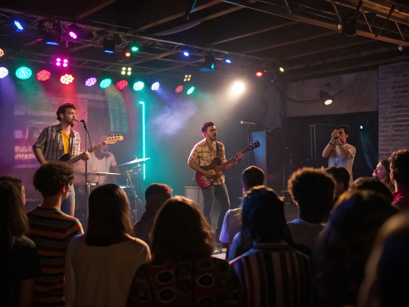 A close-up shot of a contemporary band performing on stage at Celtic Inn, with colorful lighting and enthusiastic audience members in the background.