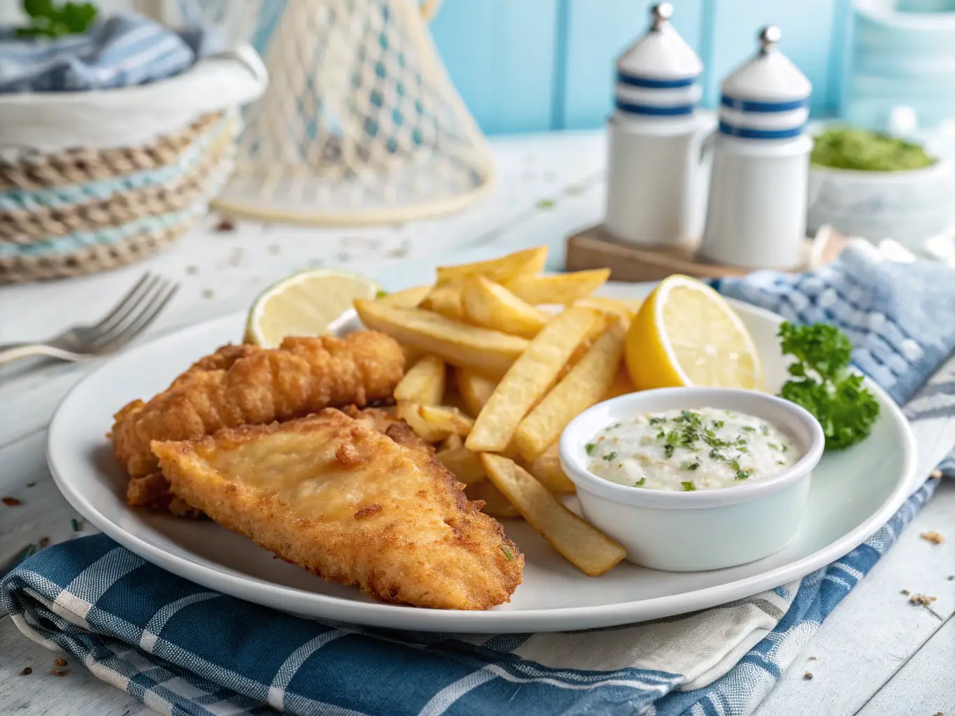A vibrant image of a plate of Fish and Chips, showcasing crispy battered cod fillets served with golden-brown chips and a side of tartar sauce.