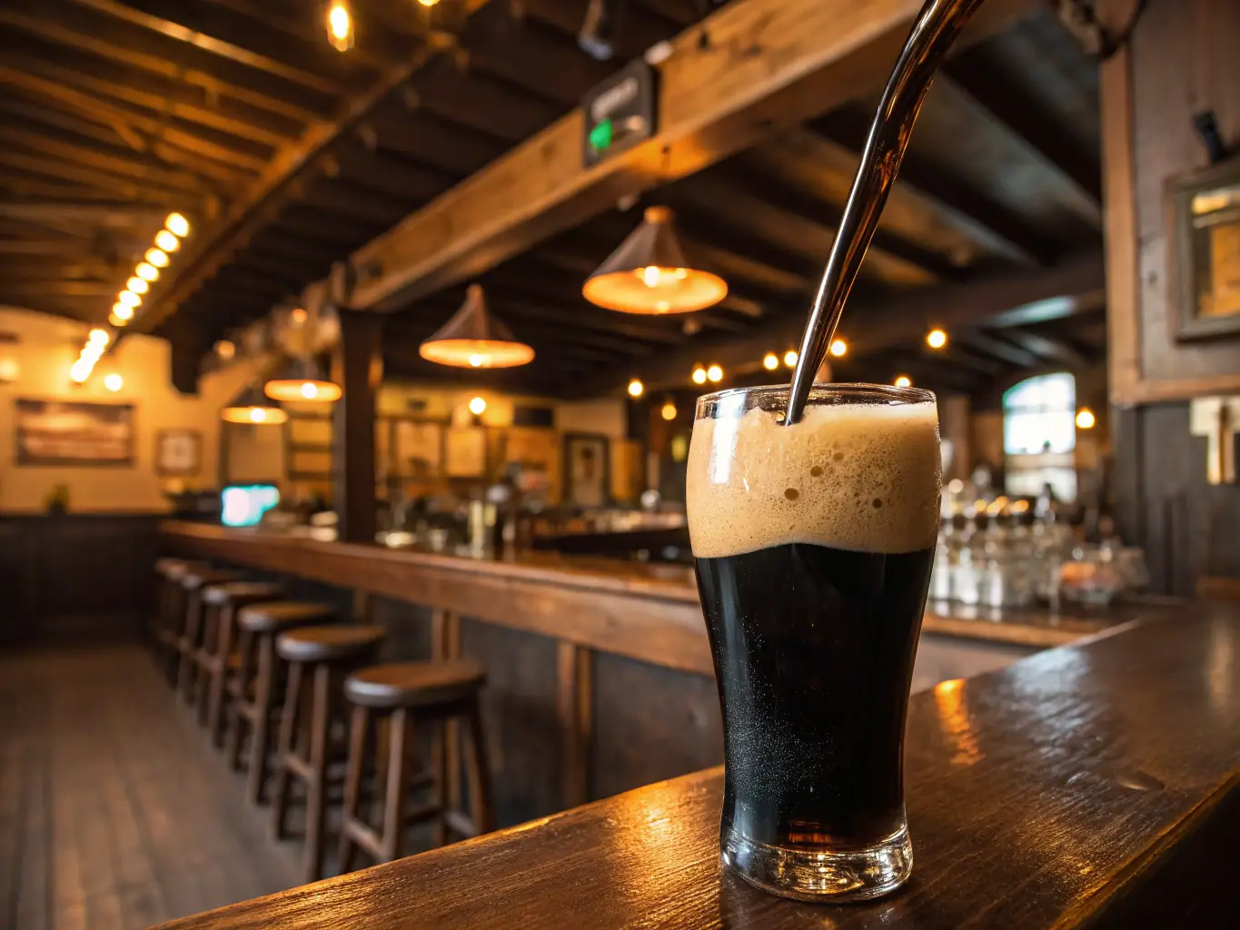 A close-up shot of a perfectly poured pint of Guinness, showcasing its creamy head and dark, rich color, set against a blurred background of the pub's warm interior.