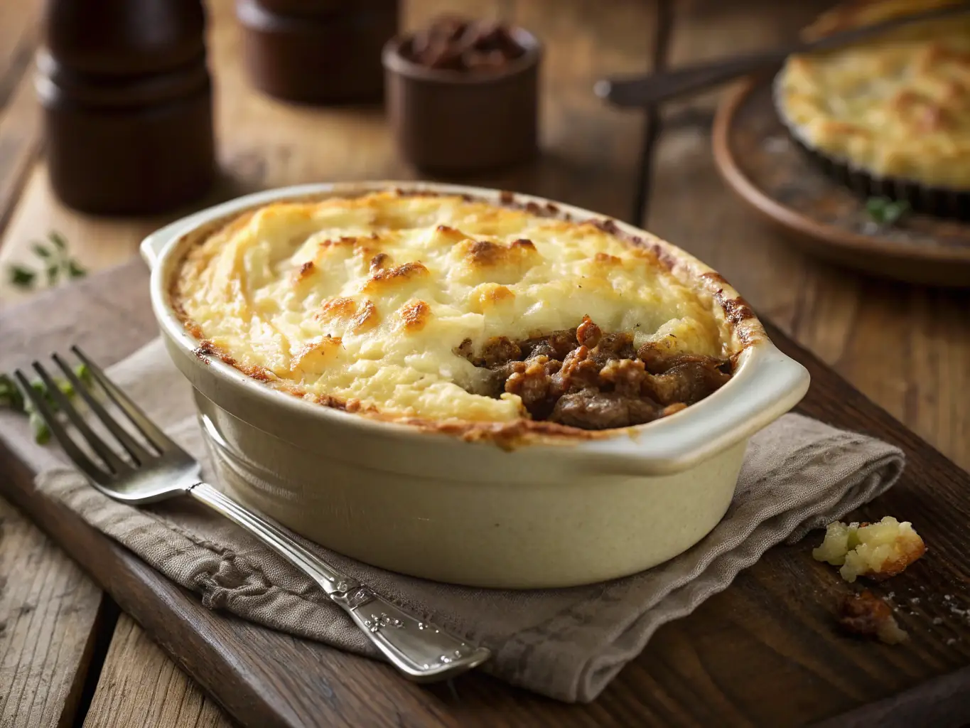 A beautifully plated dish of Shepherd's Pie, featuring a golden-brown crust and a savory filling of ground lamb and vegetables, garnished with fresh herbs.
